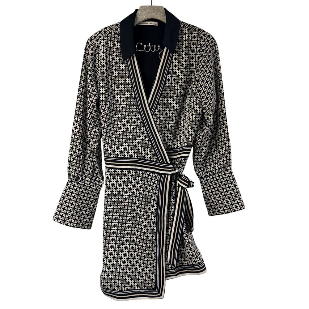 Abercrombie & Fitch Collared Pattern Wrap Dress Small Black White Career Casual